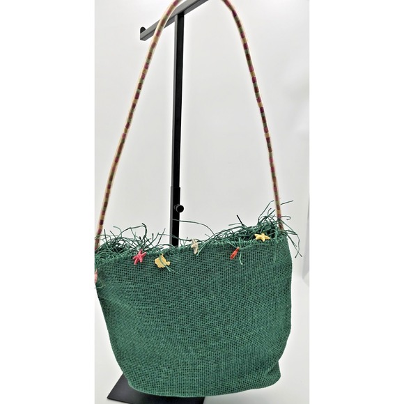 Flora Bella Green Raffia Bag Sea Charms Beaded Clear Plastic Handle Coastal Chic - Picture 1 of 15